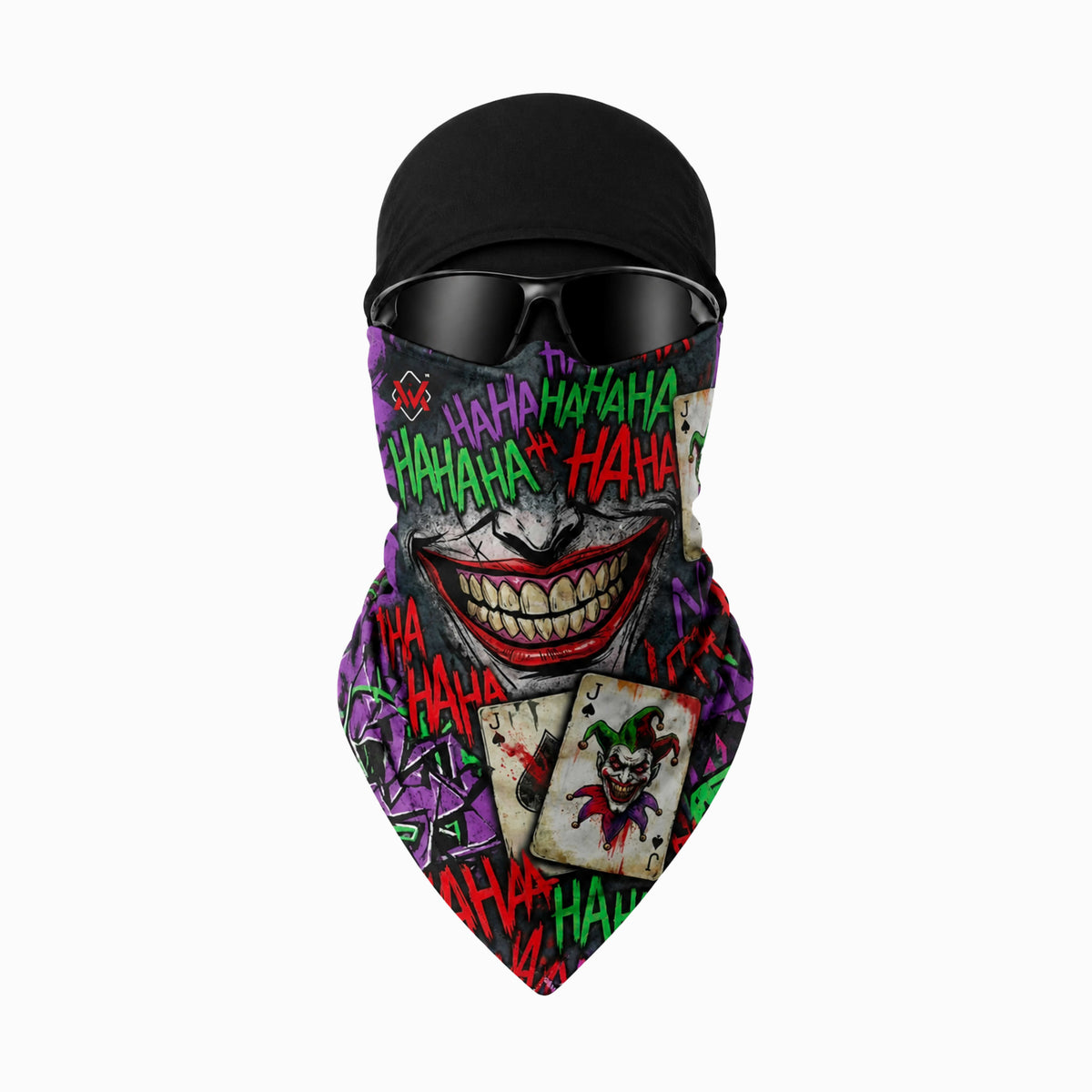 Magician Signature neck gaiter in Joker with multicolor HAHA lettering, a sinister joker grin, and playing-card artwork.
