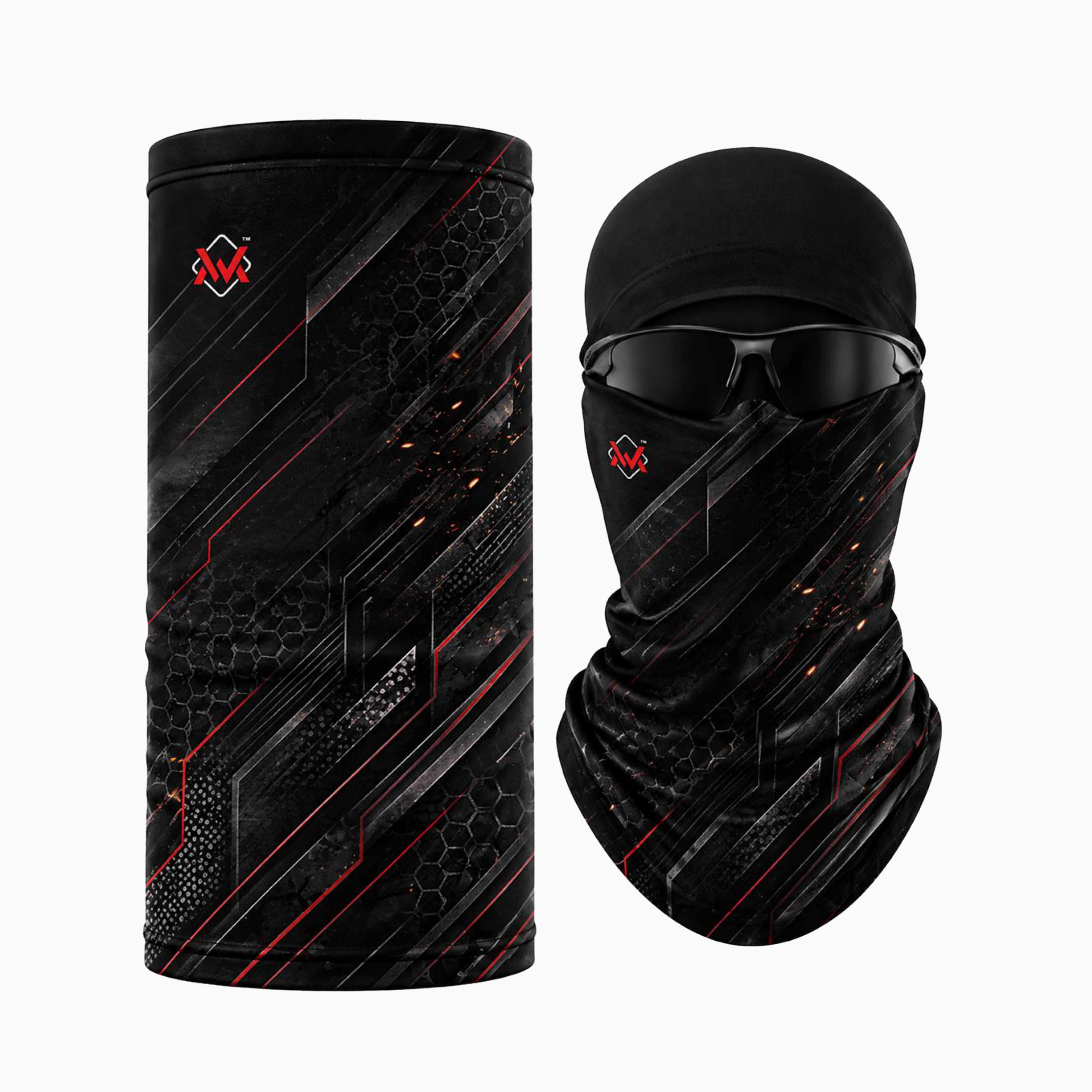Magician Signature neck gaiter in Black / Red Strike with charcoal geometric graphics, shown flat and worn as a face cover