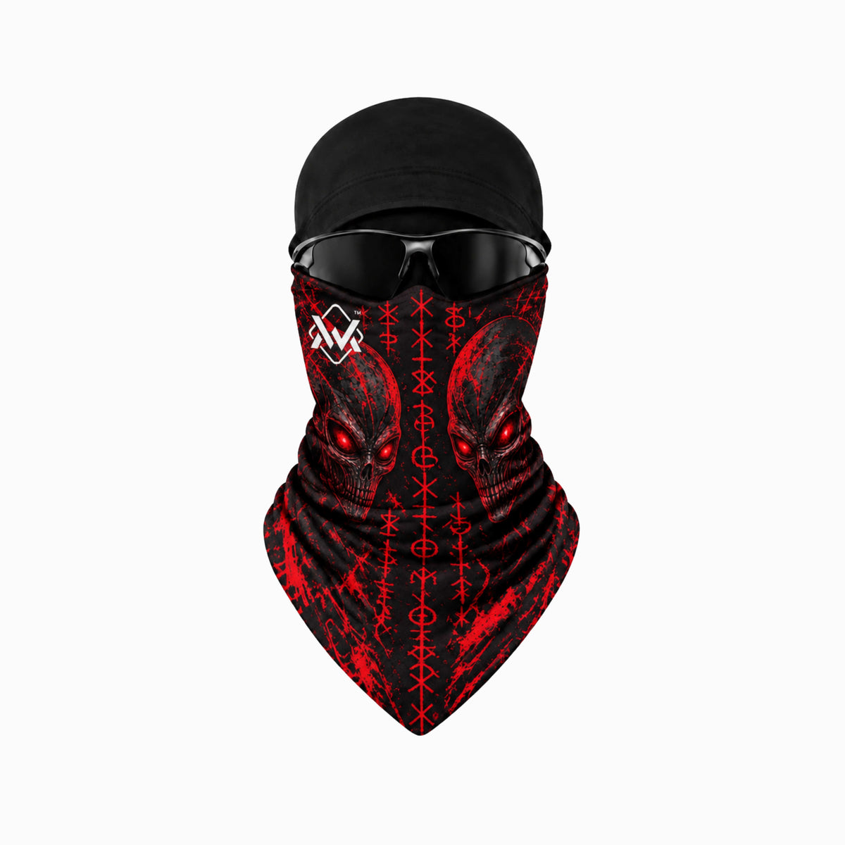 Magician Signature Neck Gaiter in Red Alien with red alien skulls and mysterious symbols on a black background, worn as a face and neck cover.