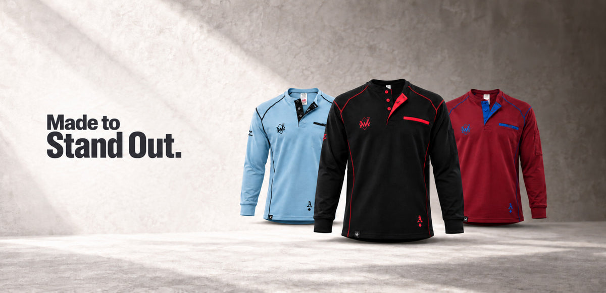 WM long-sleeve work tees in light blue, black with red accents, and burgundy with blue accents, with “Made to Stand Out.”