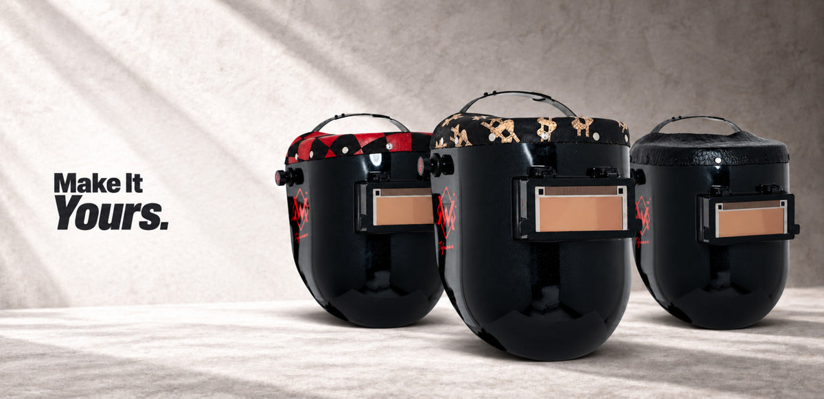 EliteWave welding hoods in Red/Black Checkered, Luxe Money, and Black Fish Scale with “Make It Yours.”