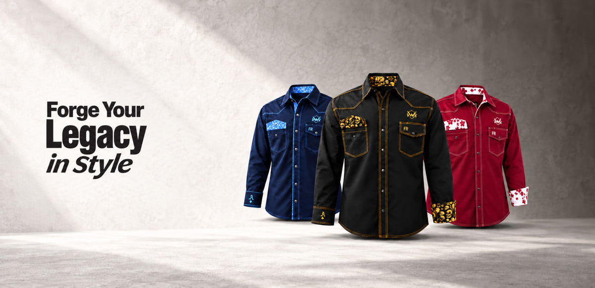 Magician FR welding shirts in Navy Paisley, Black Gold Skull, and Red Floral with “Forge Your Legacy in Style.”