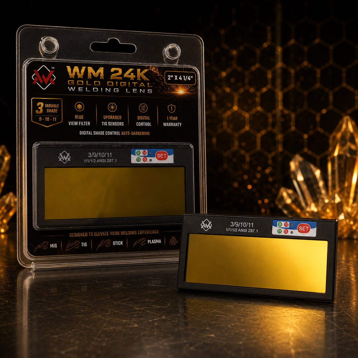 WM 24K Gold Blue View digital auto-darkening welding lens with retail packaging