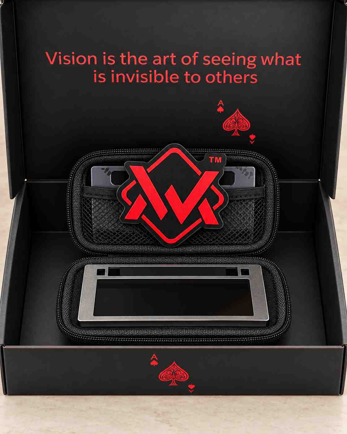 The Welding Magician premium welding lens packaging with open black presentation box, protective carrying case, and stainless steel welding lens.