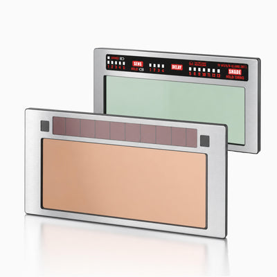Front and rear views of the 24K Pro stainless steel True Color auto-darkening welding lens with solar cells and control panel.