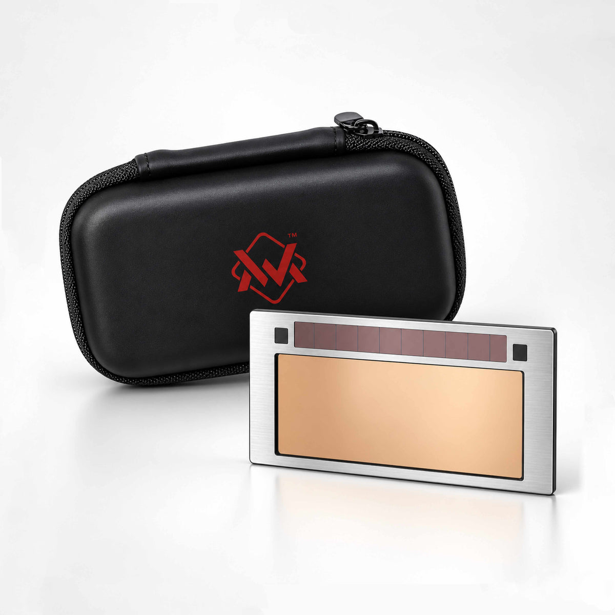 24K Pro Stainless Steel True Color Auto-Darkening Welding Lens with gold viewing filter and protective carrying case