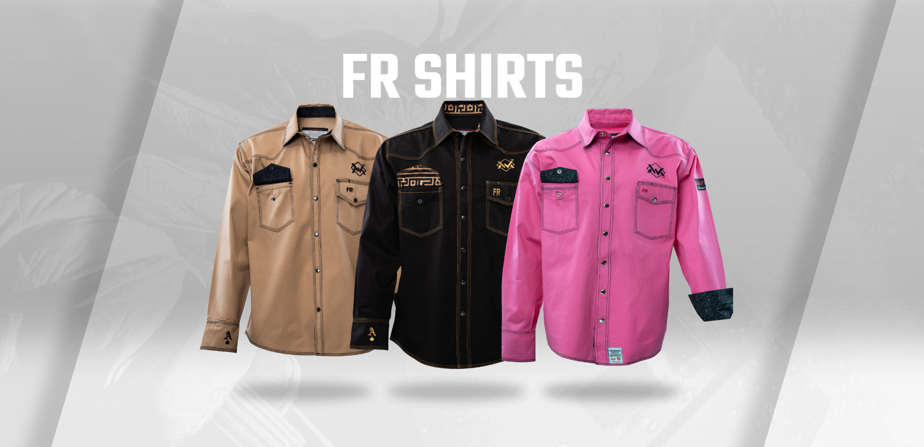 Three FR shirts in brown, black, and pink on a light gray background with 'FR SHIRTS' text.