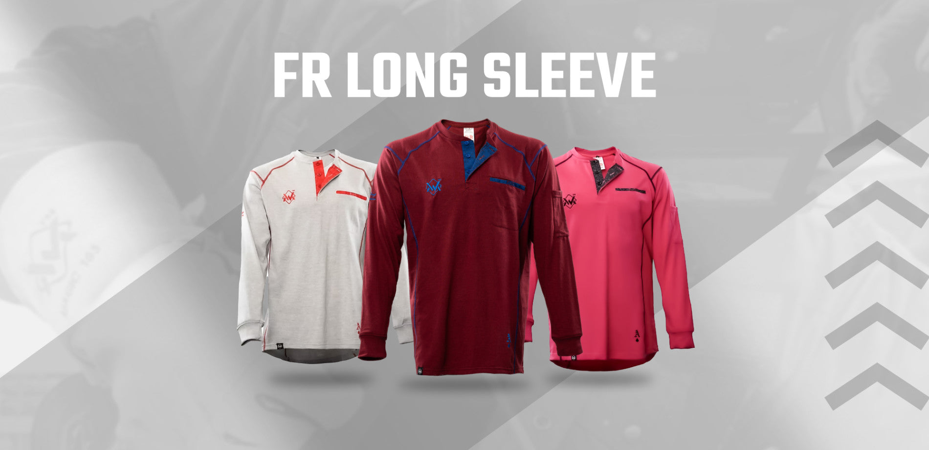 Three long-sleeve shirts in white, red, and pink on a gray background with 'FR LONG SLEEVE' text.