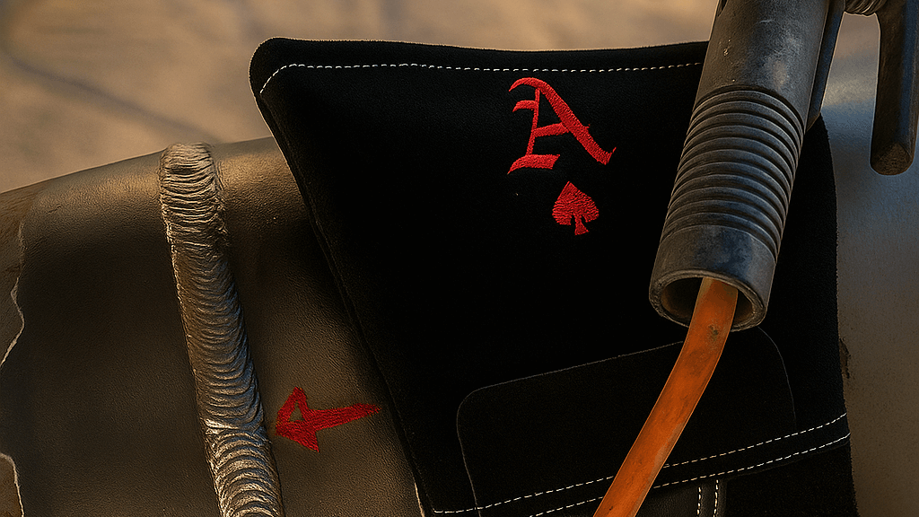 Close-up of a black leather bag with red letter 'A' design, featuring orange drawstring.