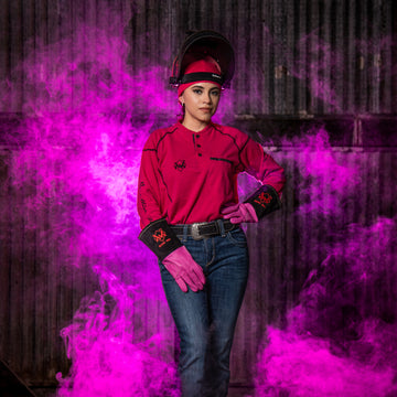 Pink and Black Elite FR Long-Sleeve Work Tee collaboration with miss.welds.