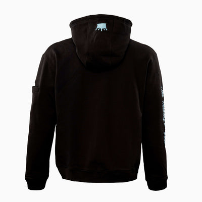 Magician FR Work Hoodie, back view of flame-resistant work hoodie in black/light blue with crown logo detail on hood.