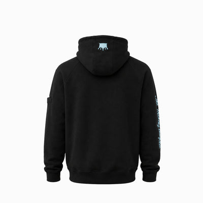 Magician FR Work Hoodie, back view of flame-resistant work hoodie in black/light blue with crown logo detail on hood.