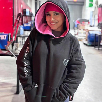 Magician FR Work Hoodie in black and pink, front view of flame-resistant work hoodie with logo design.