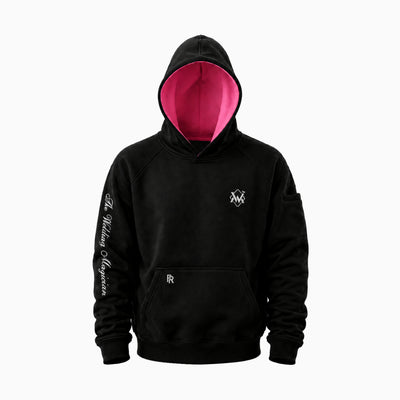 Magician FR Work Hoodie in black and pink, front view of flame-resistant work hoodie with logo design.