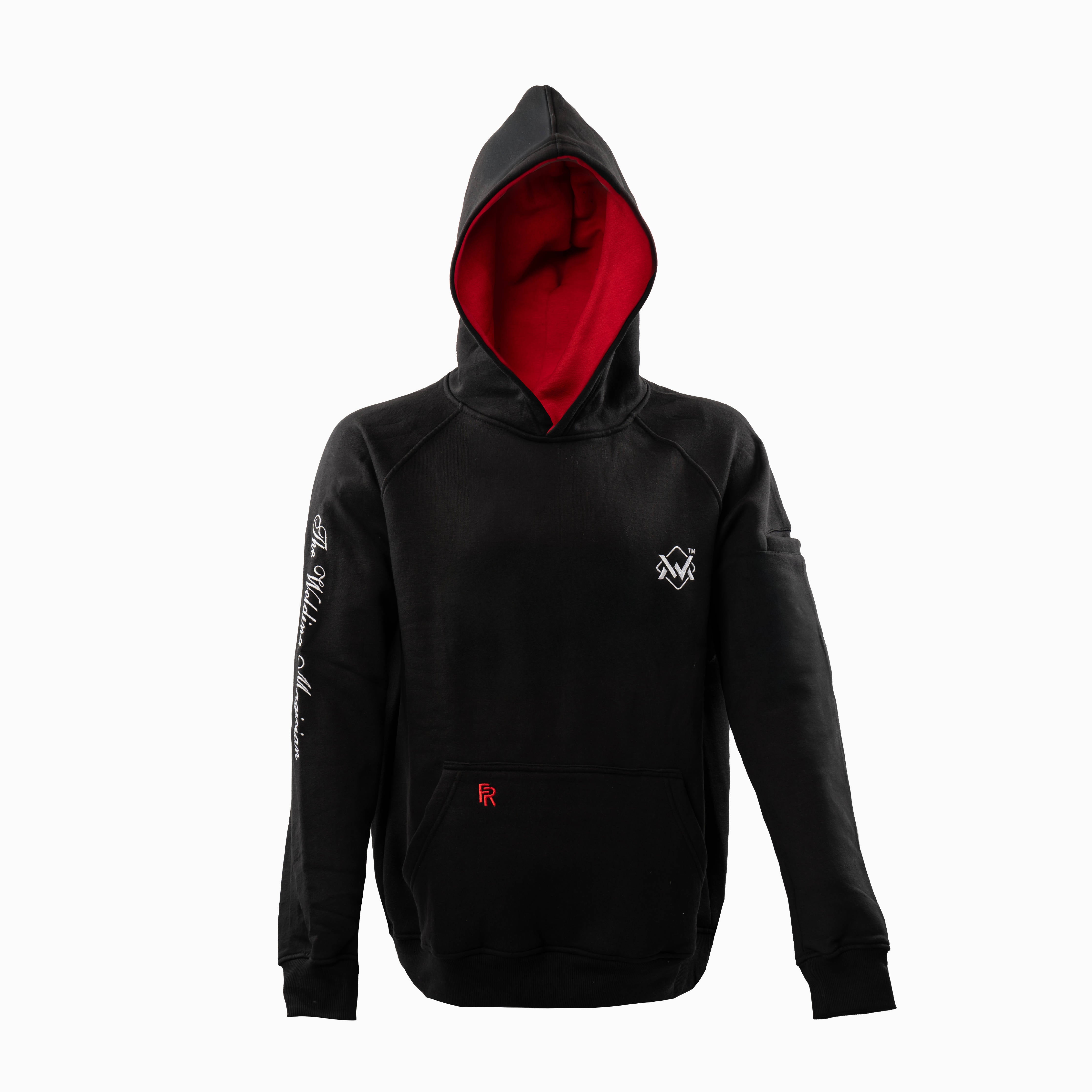 Magician FR Work Hoodie in black and red, front view of flame-resistant work hoodie with logo design.