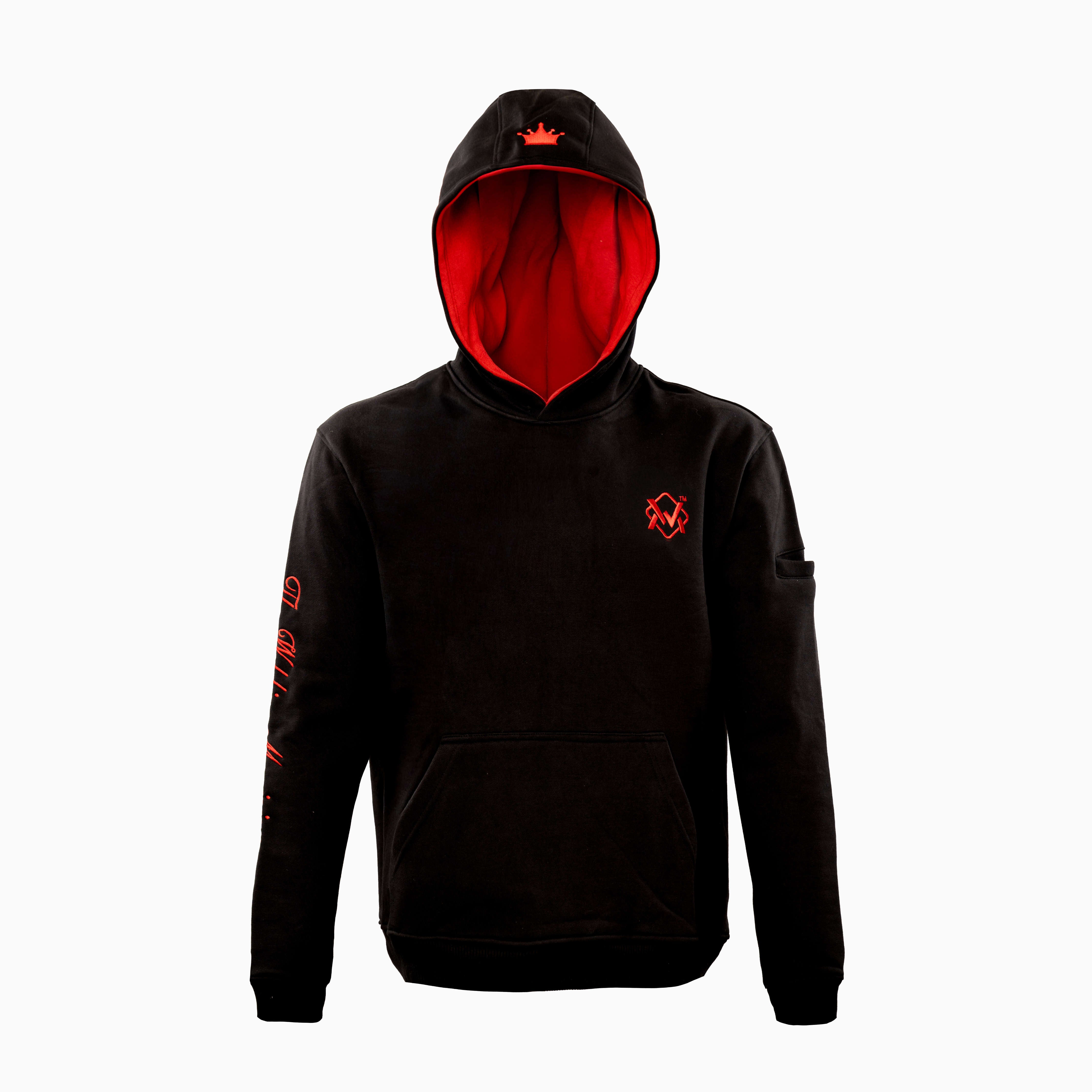 Magician Heavy-Duty FR Work Hoodie with crown-red accents, front view of flame-resistant work hoodie with embroidered logo design.