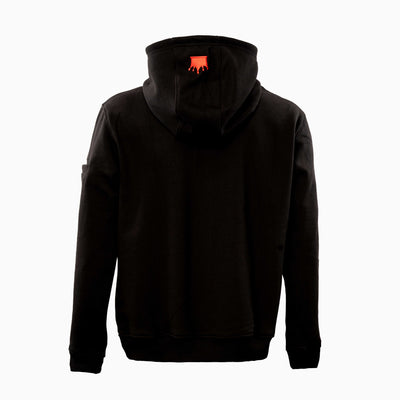 Magician FR Work Hoodie, back view of flame-resistant work hoodie in black/red with crown logo detail on hood.