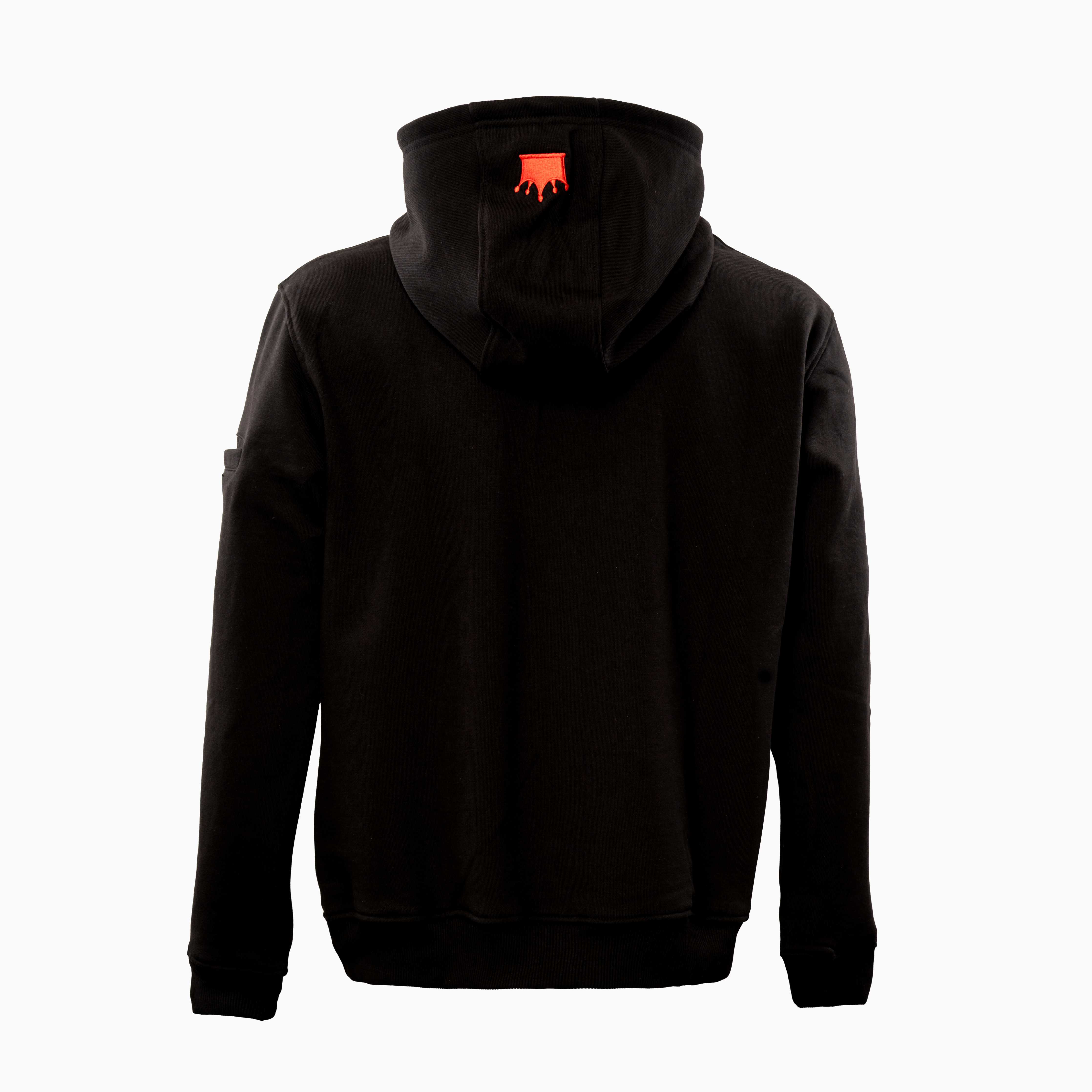 Magician FR Work Hoodie, back view of flame-resistant work hoodie in black/red with crown logo detail on hood.