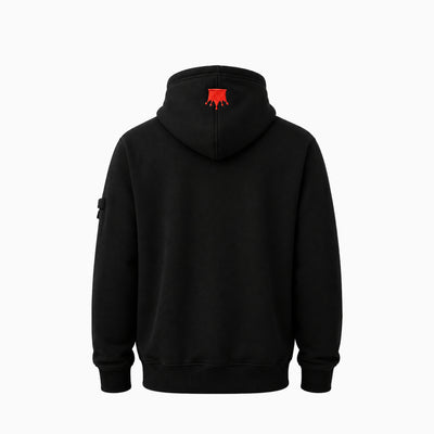 Magician FR Work Hoodie, back view of flame-resistant work hoodie in black/red with crown logo detail on hood.