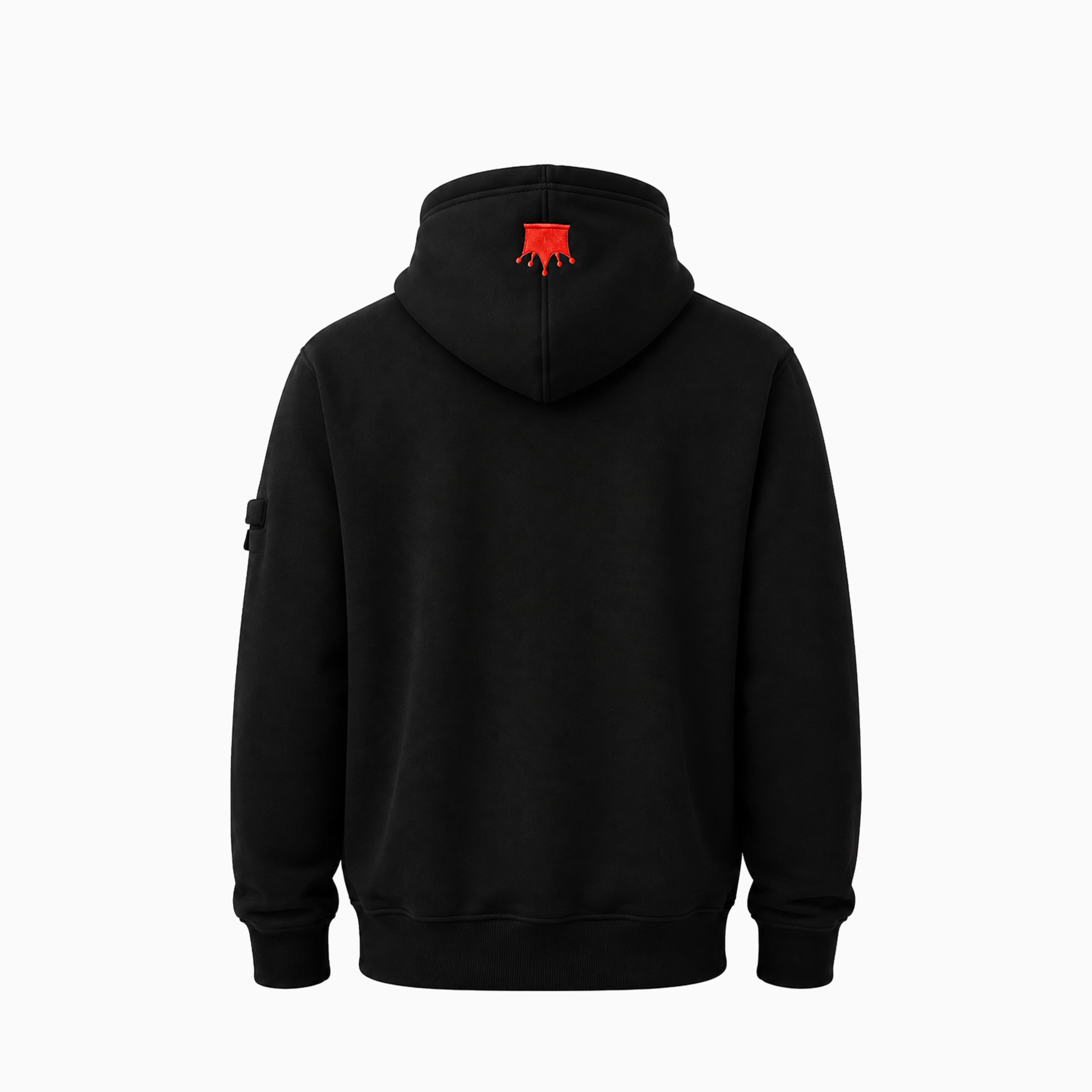 Magician FR Work Hoodie, back view of flame-resistant work hoodie in black/red with crown logo detail on hood.