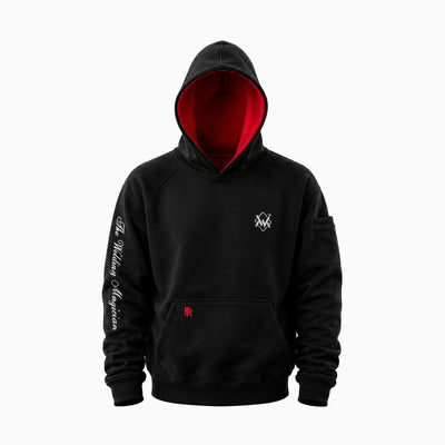 Magician FR Work Hoodie in black and red, front view of flame-resistant work hoodie with logo design.