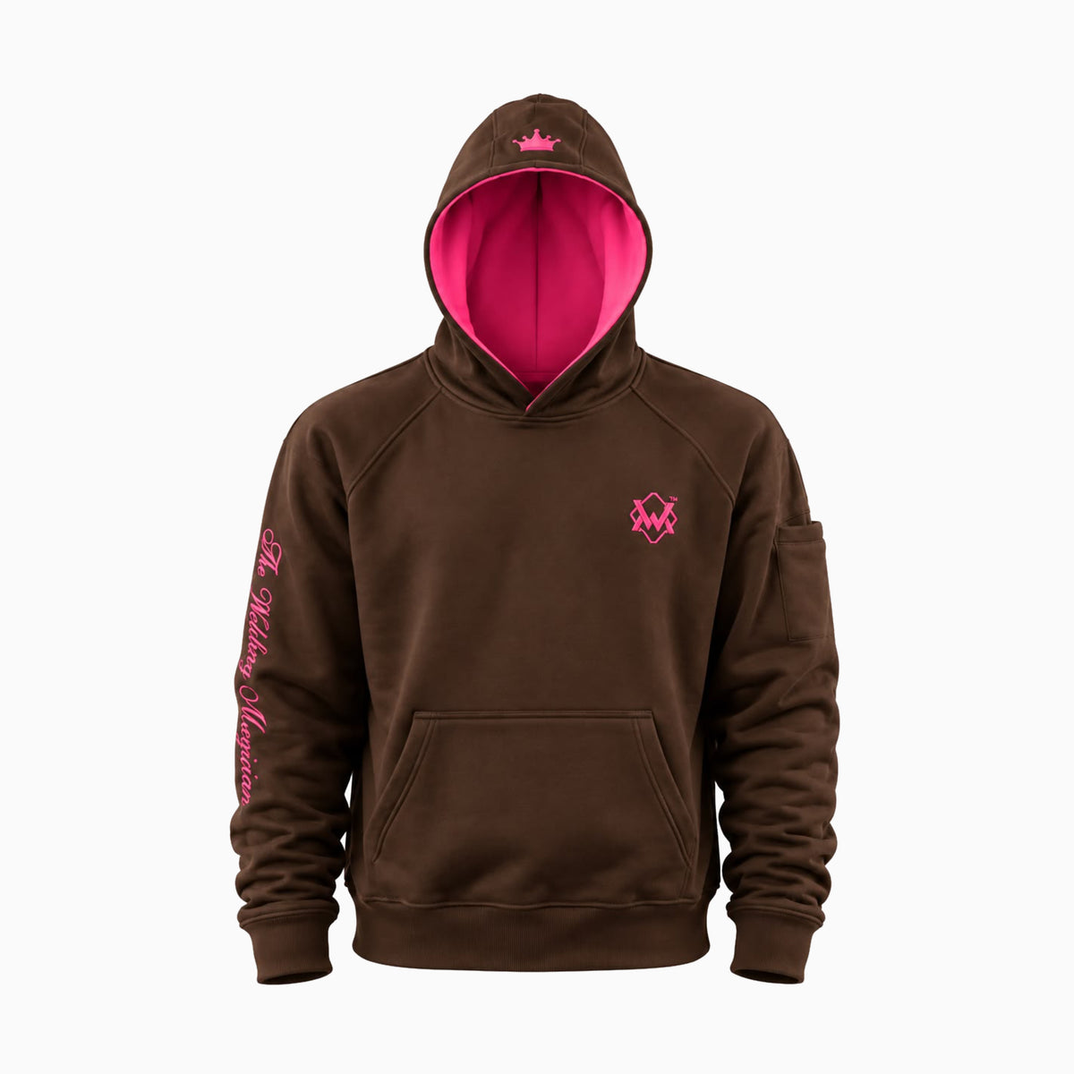 Magician Heavy-Duty FR Work Hoodie brown with crown-pink  accents, front view of flame-resistant work hoodie with embroidered logo design.