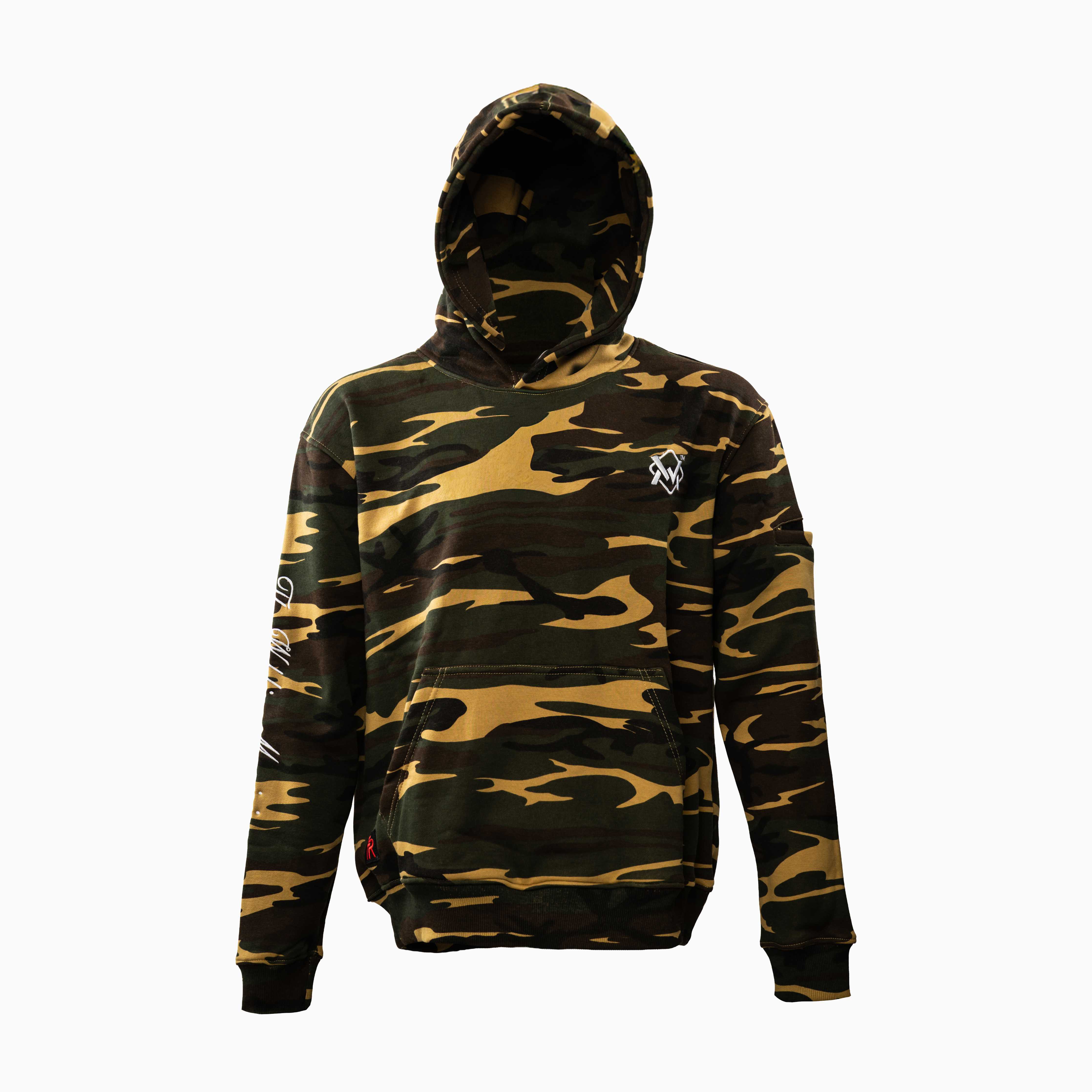 Magician FR Work Hoodie in camo, front view of flame-resistant work hoodie with logo design.