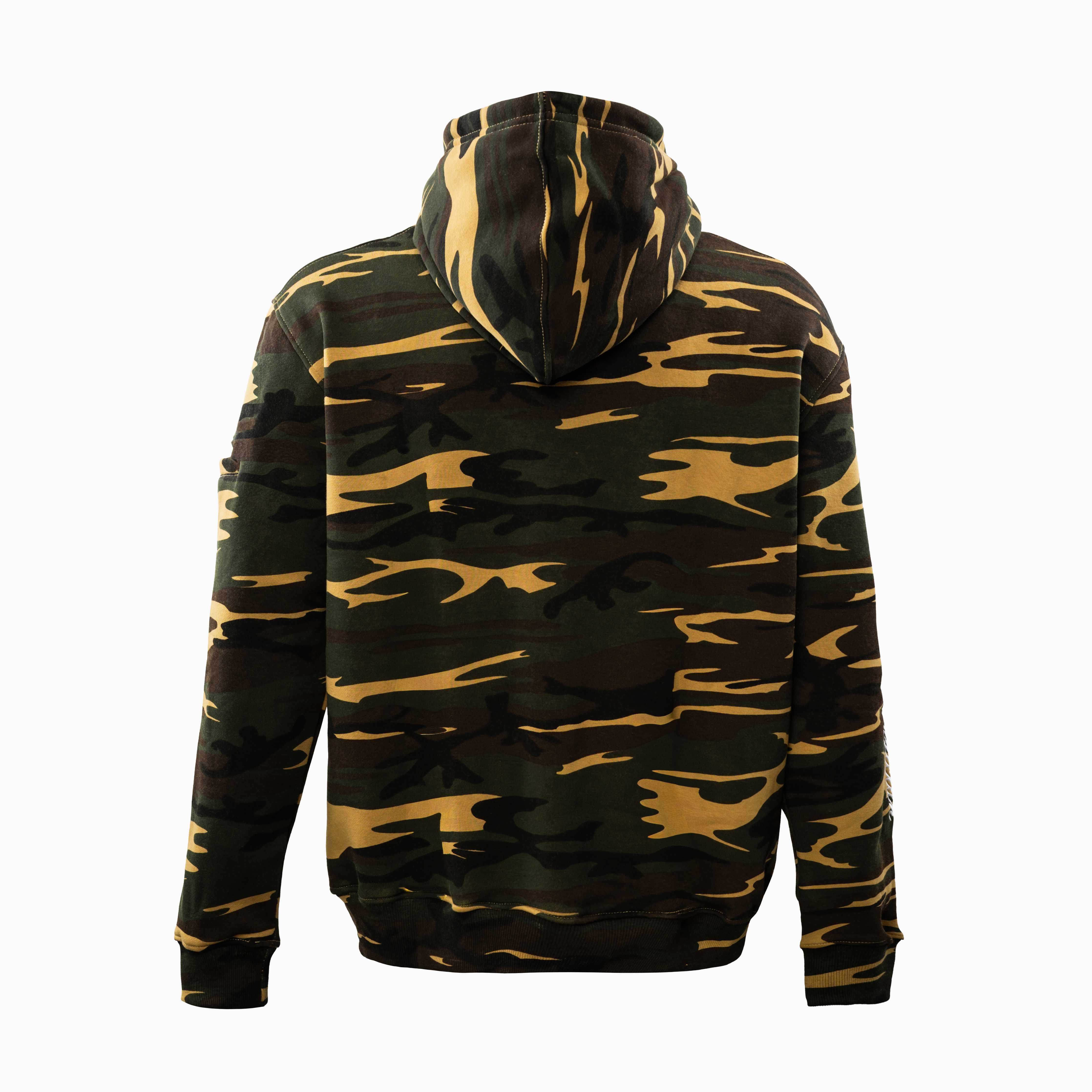 Back view of Magician FR Work Hoodie in camo, FR safety hoodie with reinforced stitching.