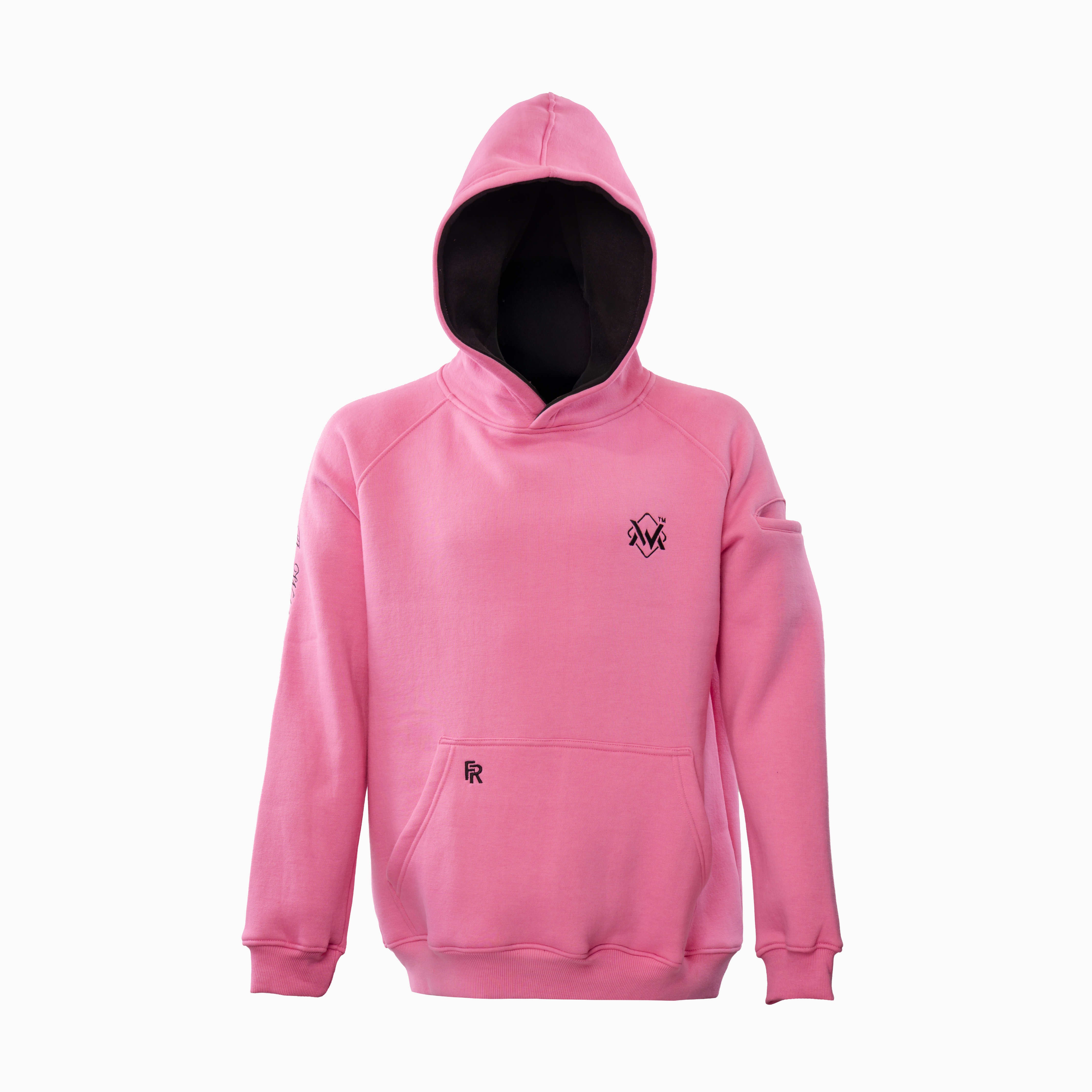 Magician FR Work Hoodie in pink, front view of flame-resistant work hoodie with logo design.