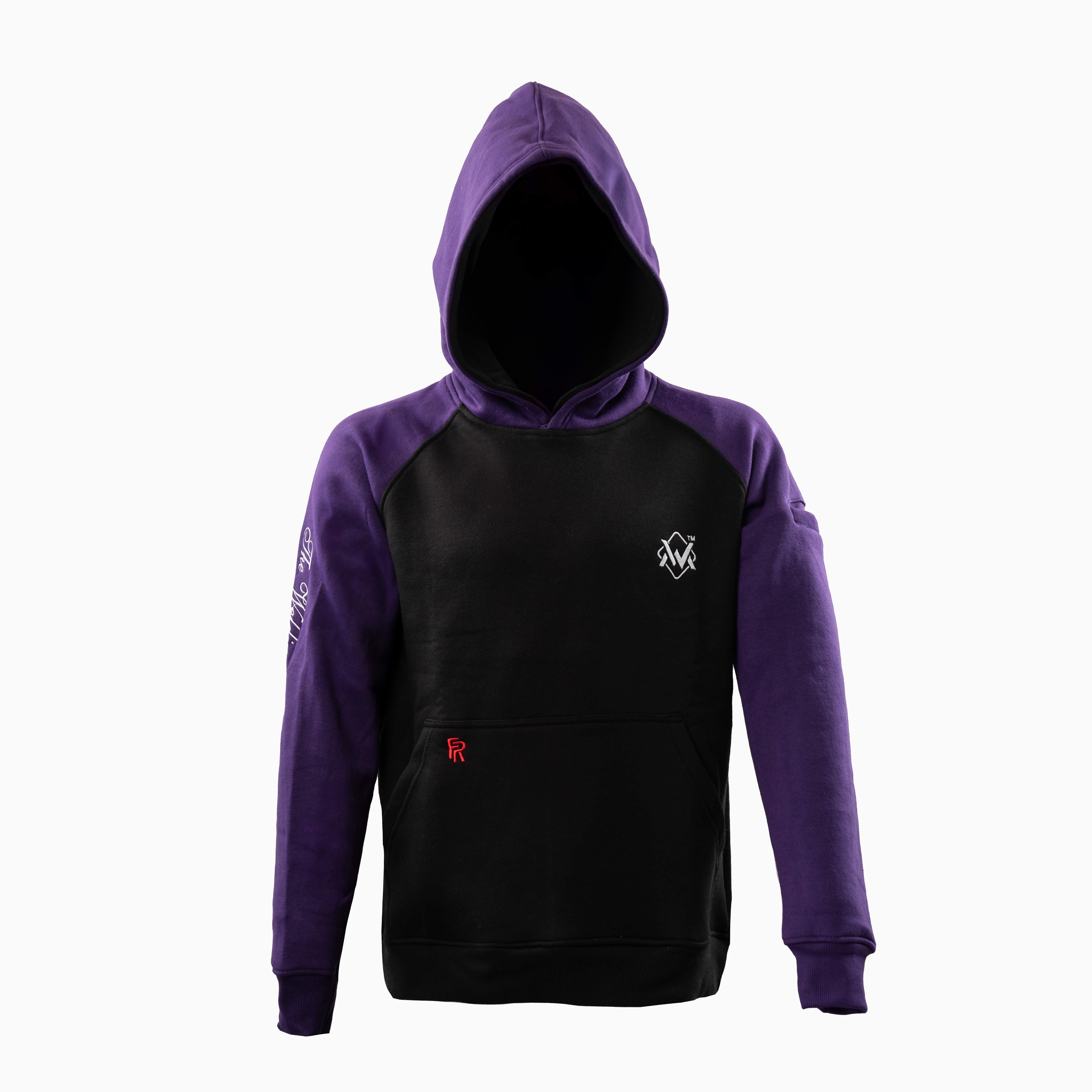 Magician FR Work Hoodie in purple  and black, front view of flame-resistant hoodie for welders.