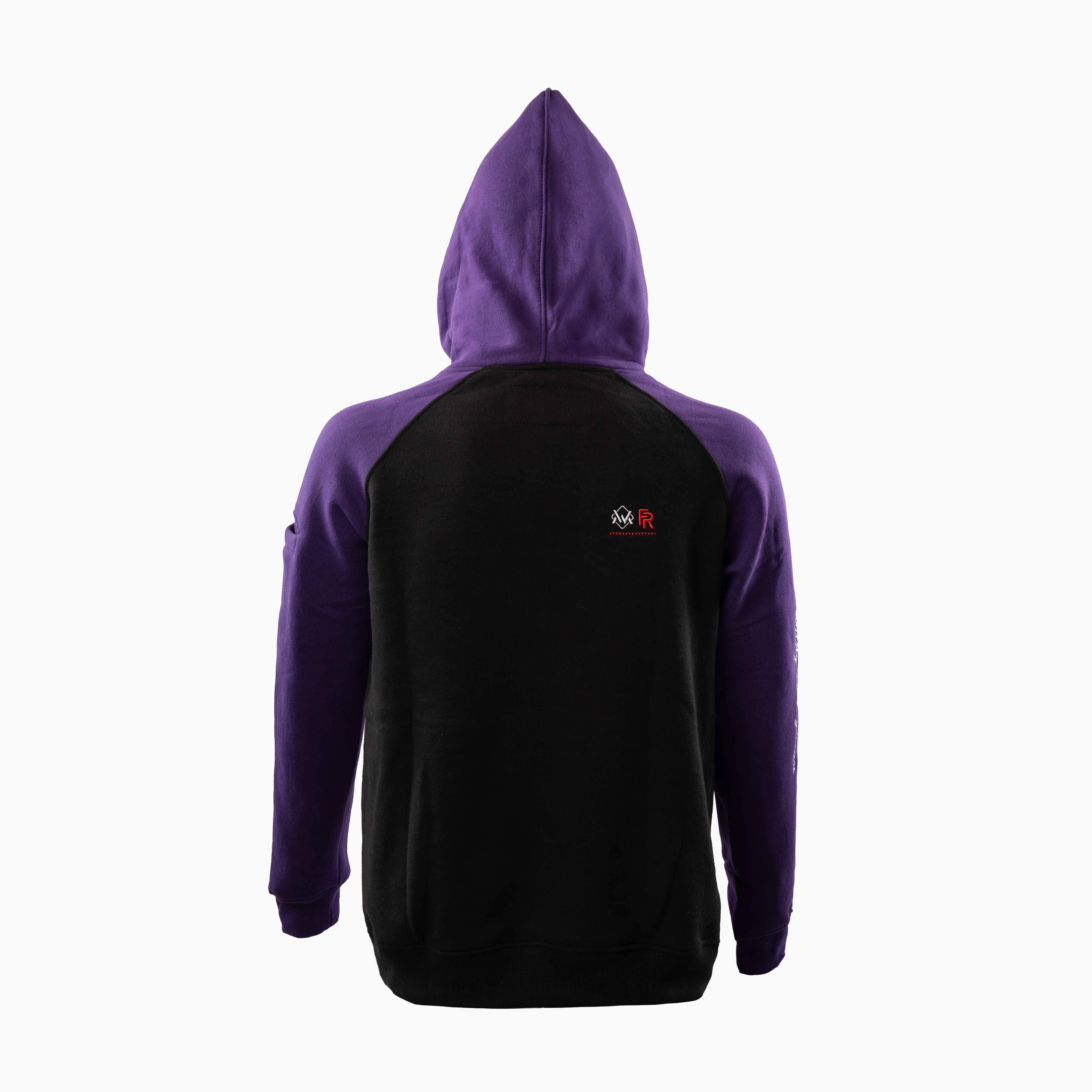 Back view of Magician FR Work Hoodie in purple and black, FR protective hoodie with logo detail.