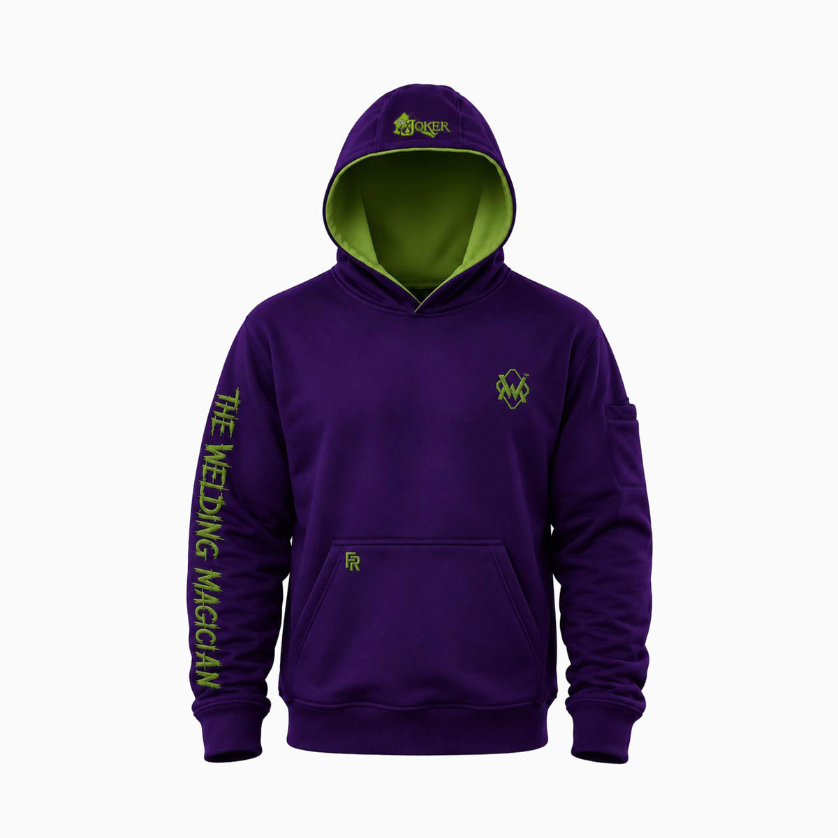 Magician FR Work Hoodie in purple  and joker, front view of flame-resistant hoodie for welders.