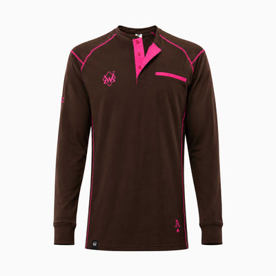 Elite FR Long-Sleeve Work Tee in brown and pink, front view of flame-resistant professional welding shirt.