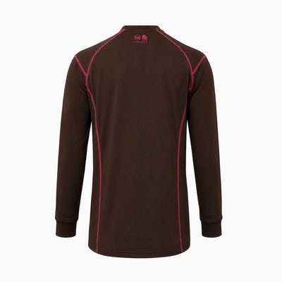 Back view of Brown and pink Elite FR Long-Sleeve Work Tee with ergonomic seams and FR back logo.
