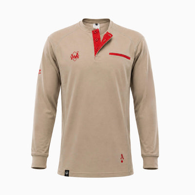 Elite FR Long-Sleeve Work Tee in khaki and red, front view of flame-resistant professional welding shirt.