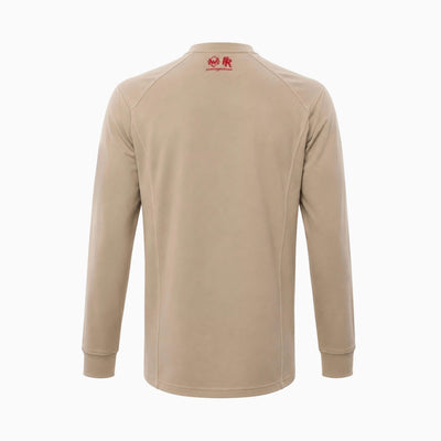 Back view of khaki and red Elite FR Long-Sleeve Work Tee with ergonomic seams and FR back logo.