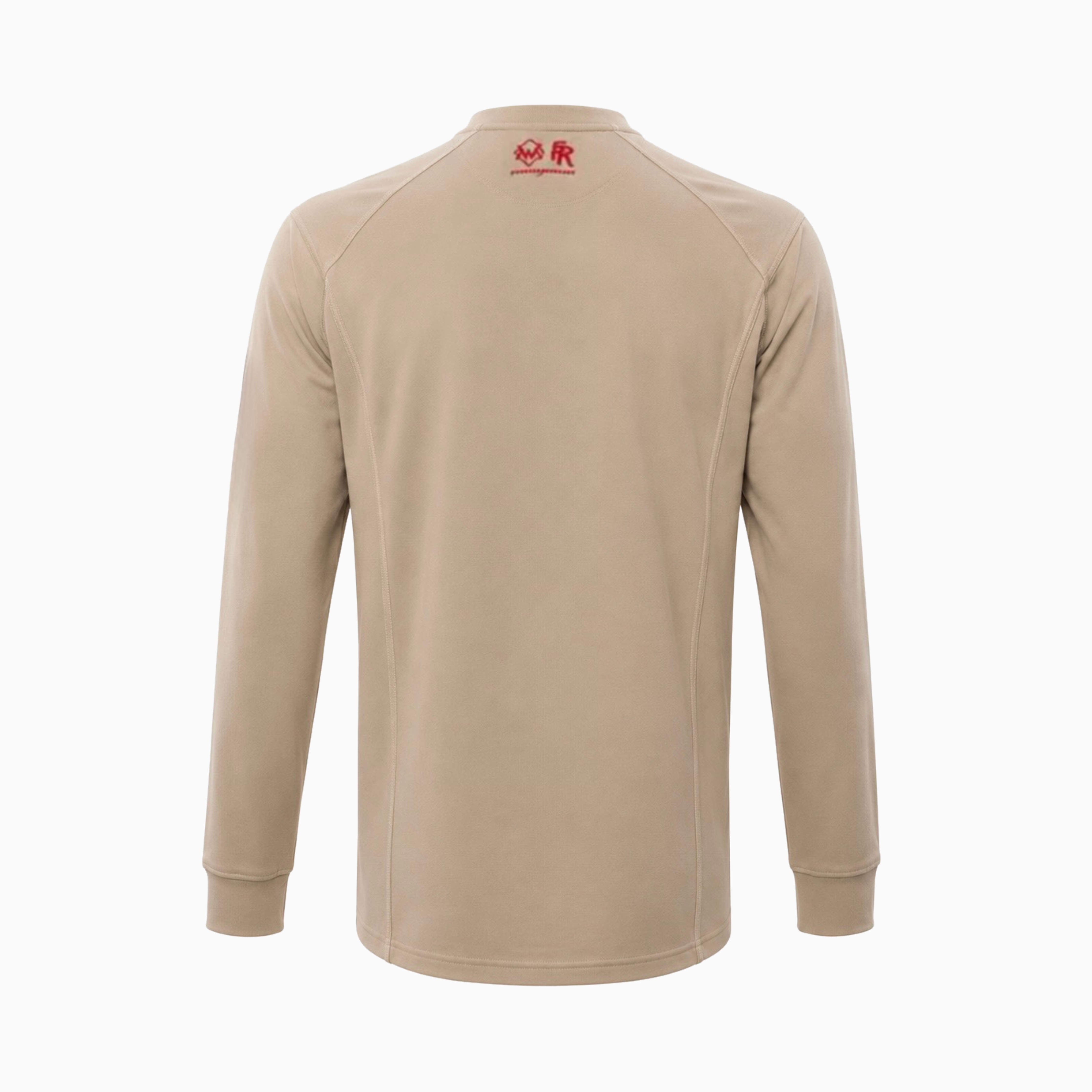 Back view of khaki and red Elite FR Long-Sleeve Work Tee with ergonomic seams and FR back logo.