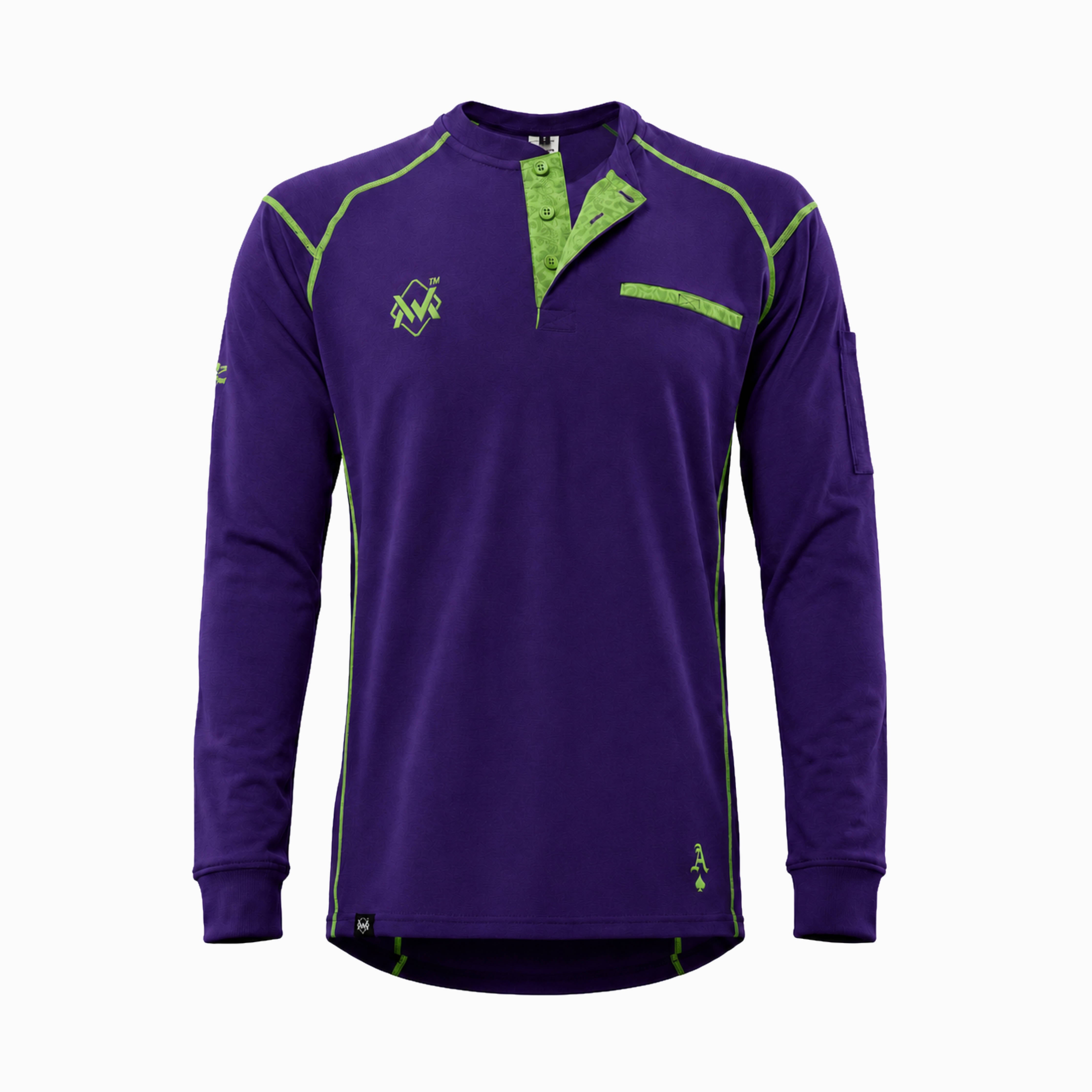 Elite FR Long-Sleeve Work Tee in Purple and joker, front view of lightweight flame-resistant shirt.