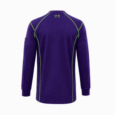 Back view of purple and joker Elite FR Long-Sleeve Work Tee showing reinforced seams and FR detail.