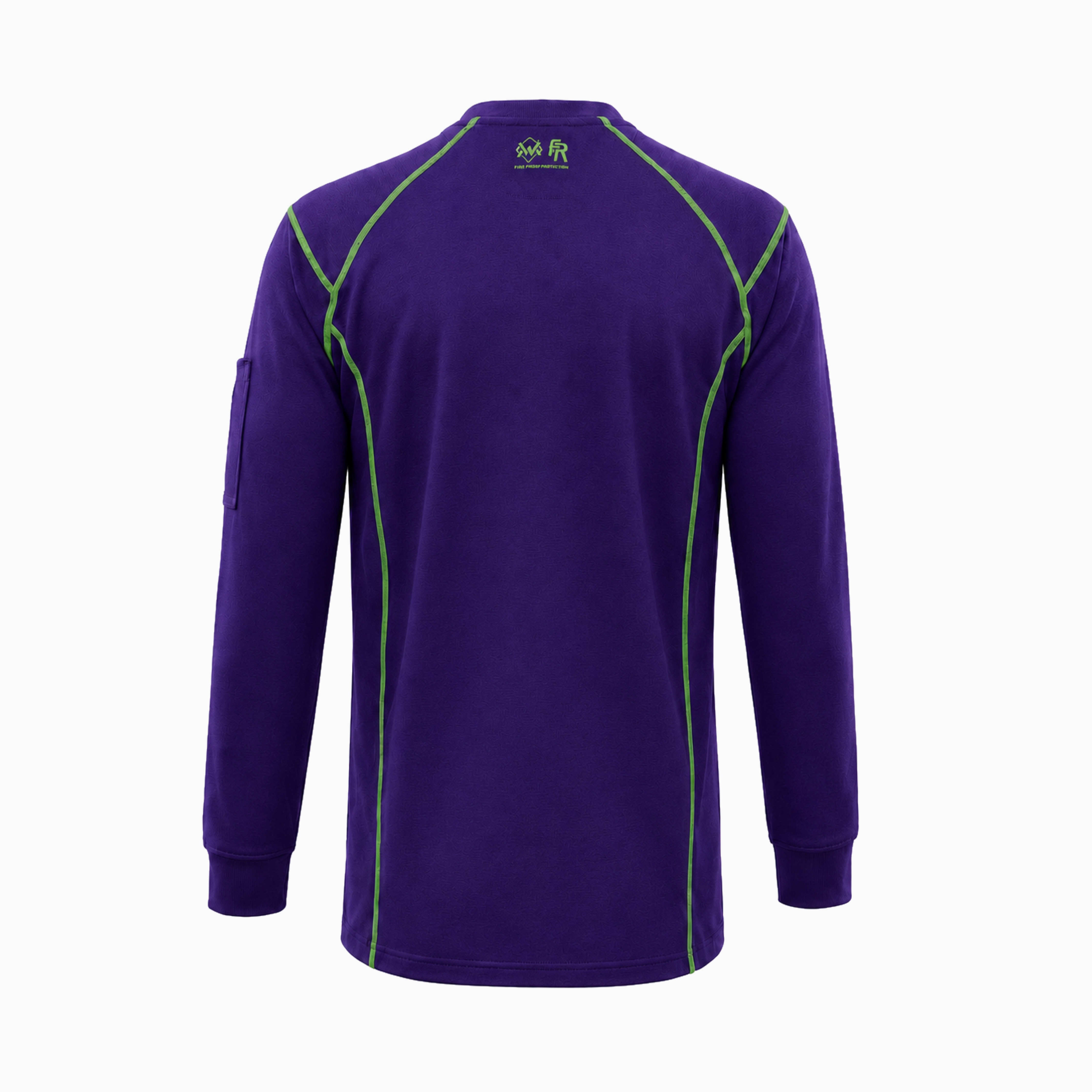 Back view of purple and joker Elite FR Long-Sleeve Work Tee showing reinforced seams and FR detail.