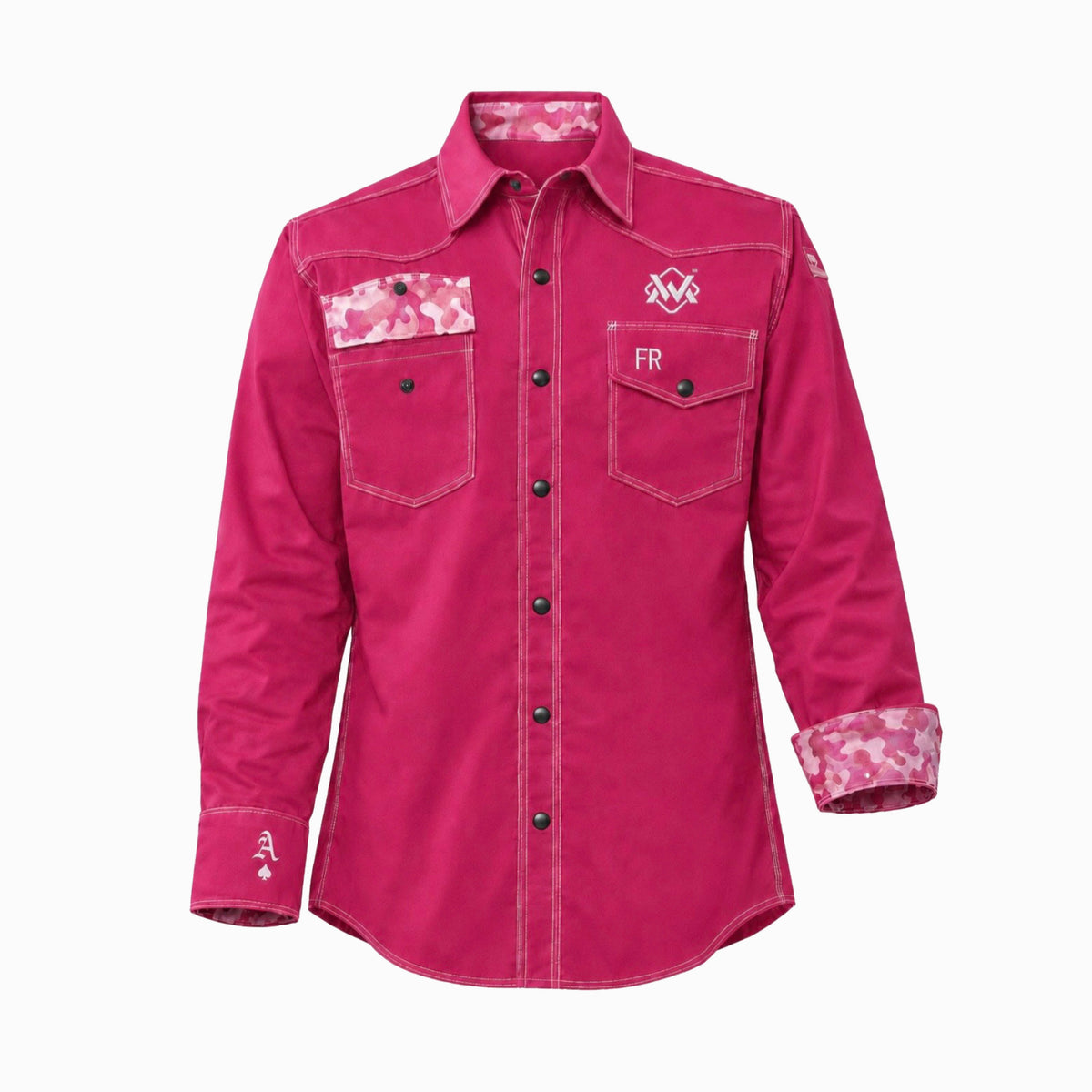 Flame-Resistant (FR) Welding Shirt front – Pink / Camo | The Welding Magician
