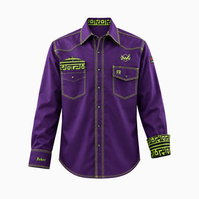Flame-Resistant (FR) Welding Shirt front – Purple / Aztec-Joker | The Welding Magician