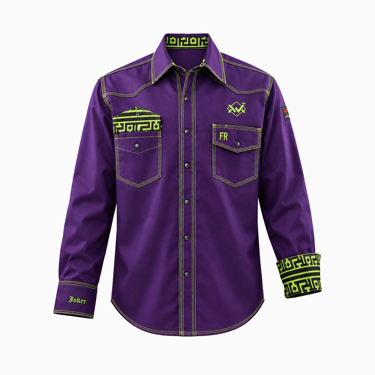 Flame-Resistant (FR) Welding Shirt front – Purple / Aztec-Joker | The Welding Magician