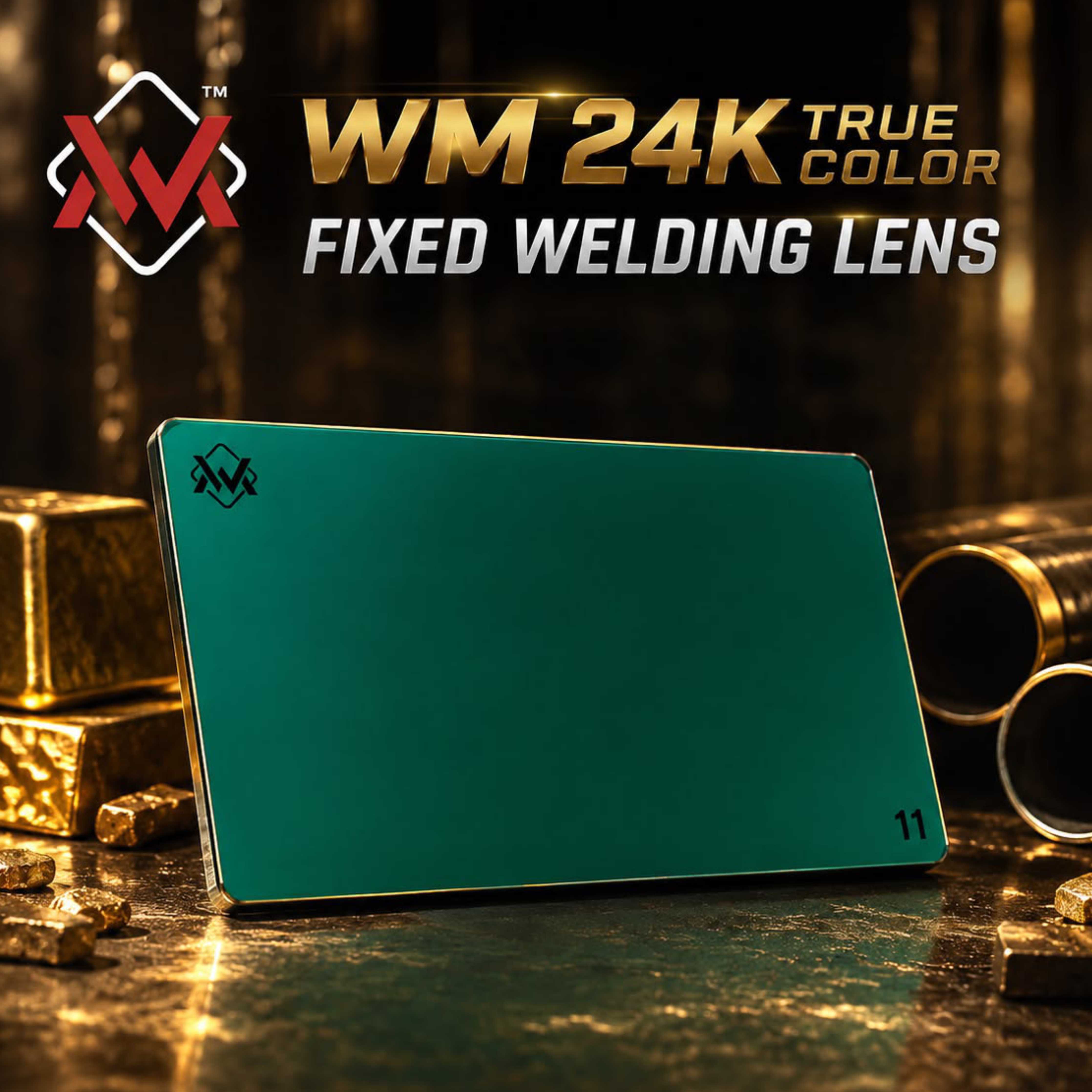 A green welding lens protector plate with a black logo, displayed on a dark, reflective surface with gold-toned props. Bold text at the top reads 'WM 24K TRUE COLOR FIXED WELDING LENS' alongside a WM logo.