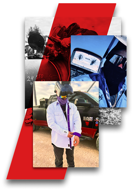 Collage of various images including a person in a white jacket, a car, and other elements.