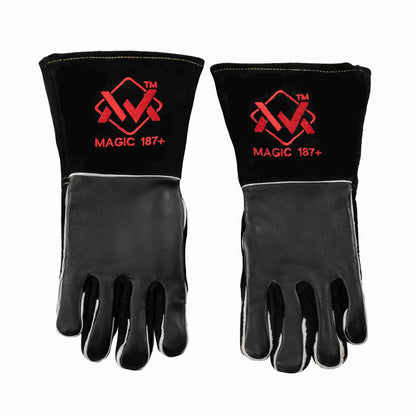 Stick Welding Gloves black with red logo, leather design for durability and protection.