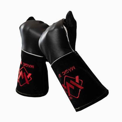 Protective black Stick welding gloves  with red branding.