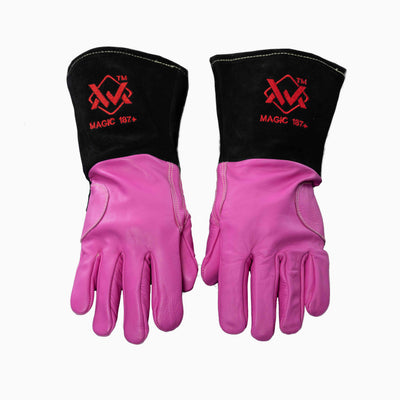 Hybrid TIG & Stick Welding Gloves pink with black cuff and red logo, heat-resistant leather gloves.