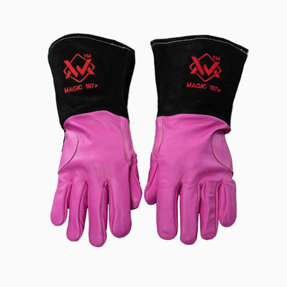 Hybrid TIG & Stick Welding Gloves pink with black cuff and red logo, heat-resistant leather gloves.