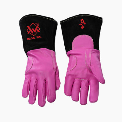 Pink leather welding gloves with black cuff, durable hybrid design for TIG and Stick welding.